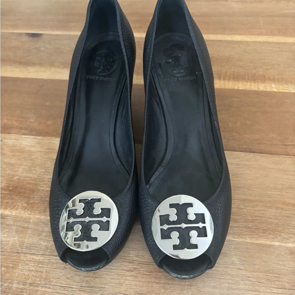 Tory Burch leather wedge peep toe heels black